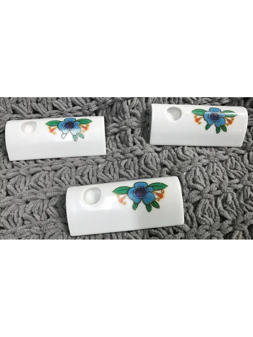 West German Candle Holders White With Flowers Blue Yellow Red 3” Funny Design